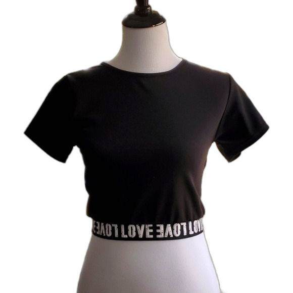 Lemite Black White Distressed Letter Graphic Love Stretch Athletic Yoga Crop Top - Picture 1 of 10